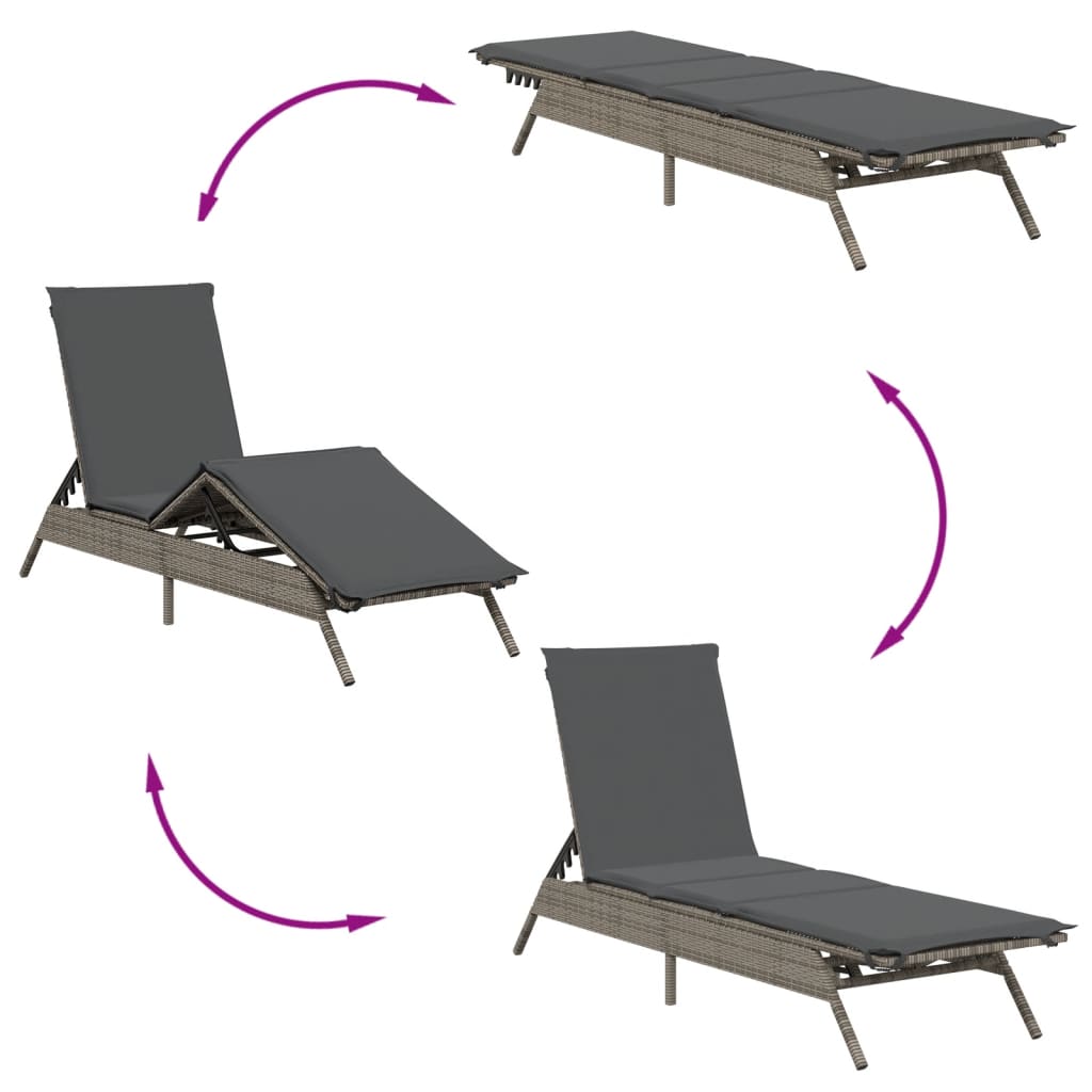 Chaises longues avec coussins, lot de 2, en résine tressée grise