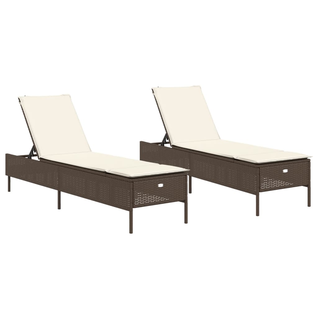 Chaises longues avec coussins, lot de 2, en résine tressée marron