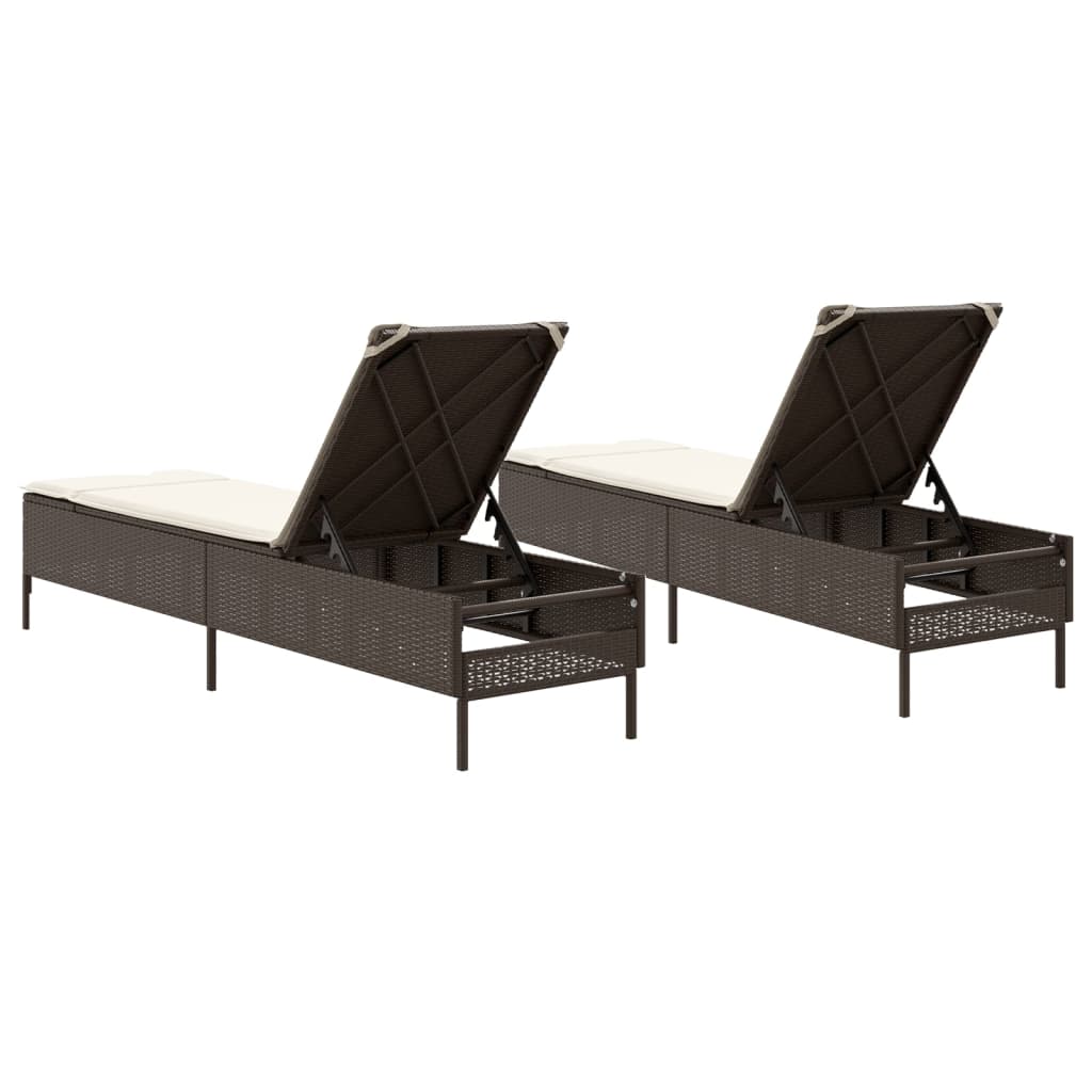 Chaises longues avec coussins, lot de 2, en résine tressée marron