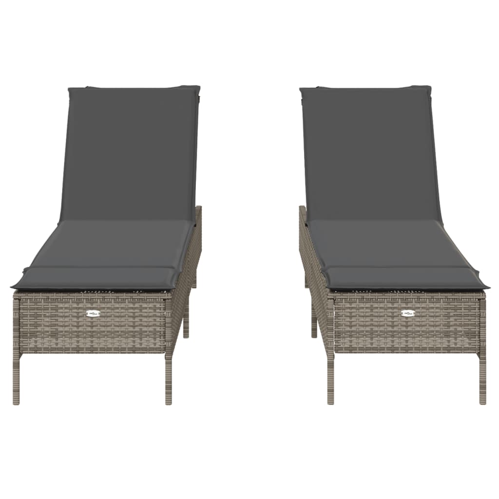 Chaises longues avec coussins, lot de 2, en résine tressée grise