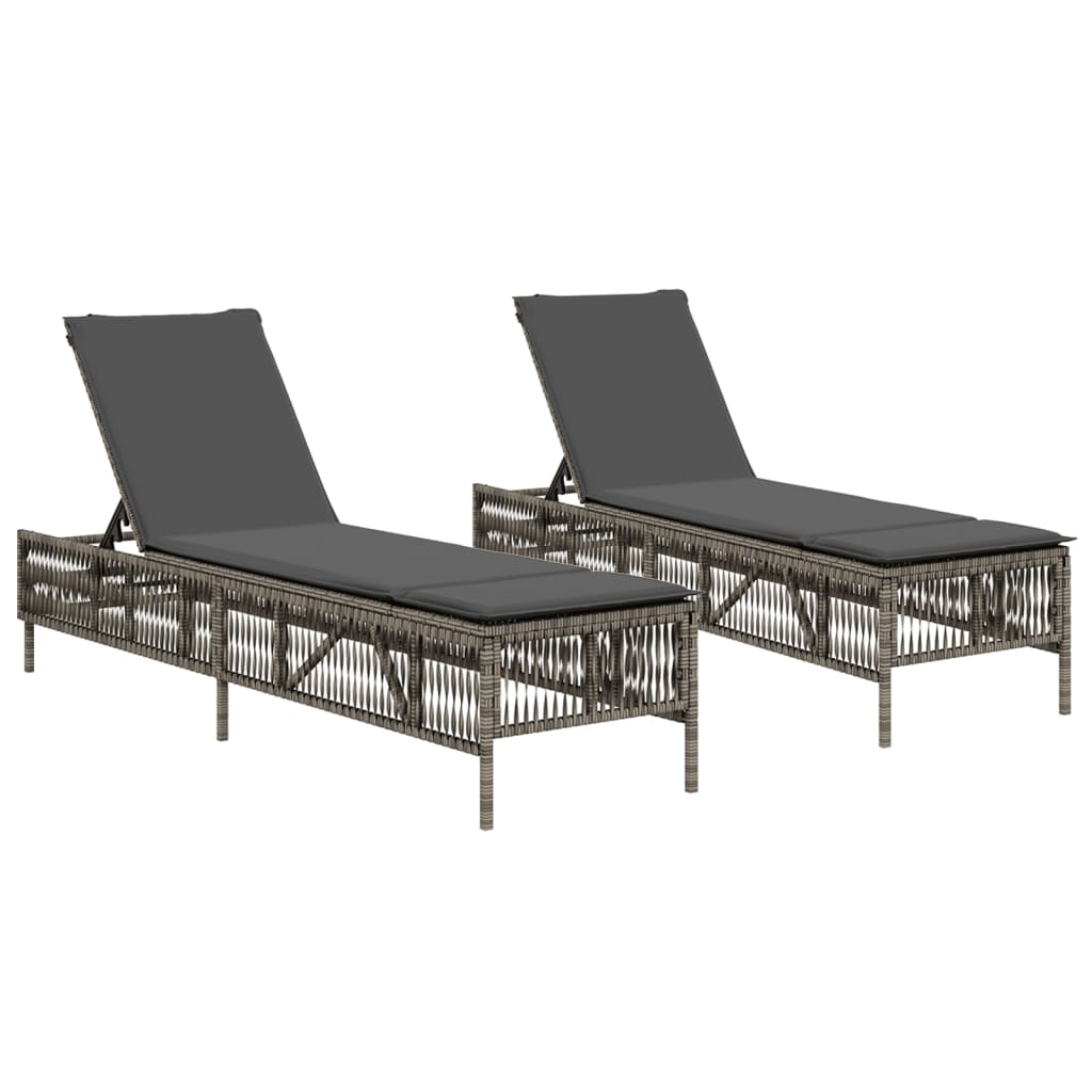 Chaises longues avec coussins, lot de 2, en résine tressée grise