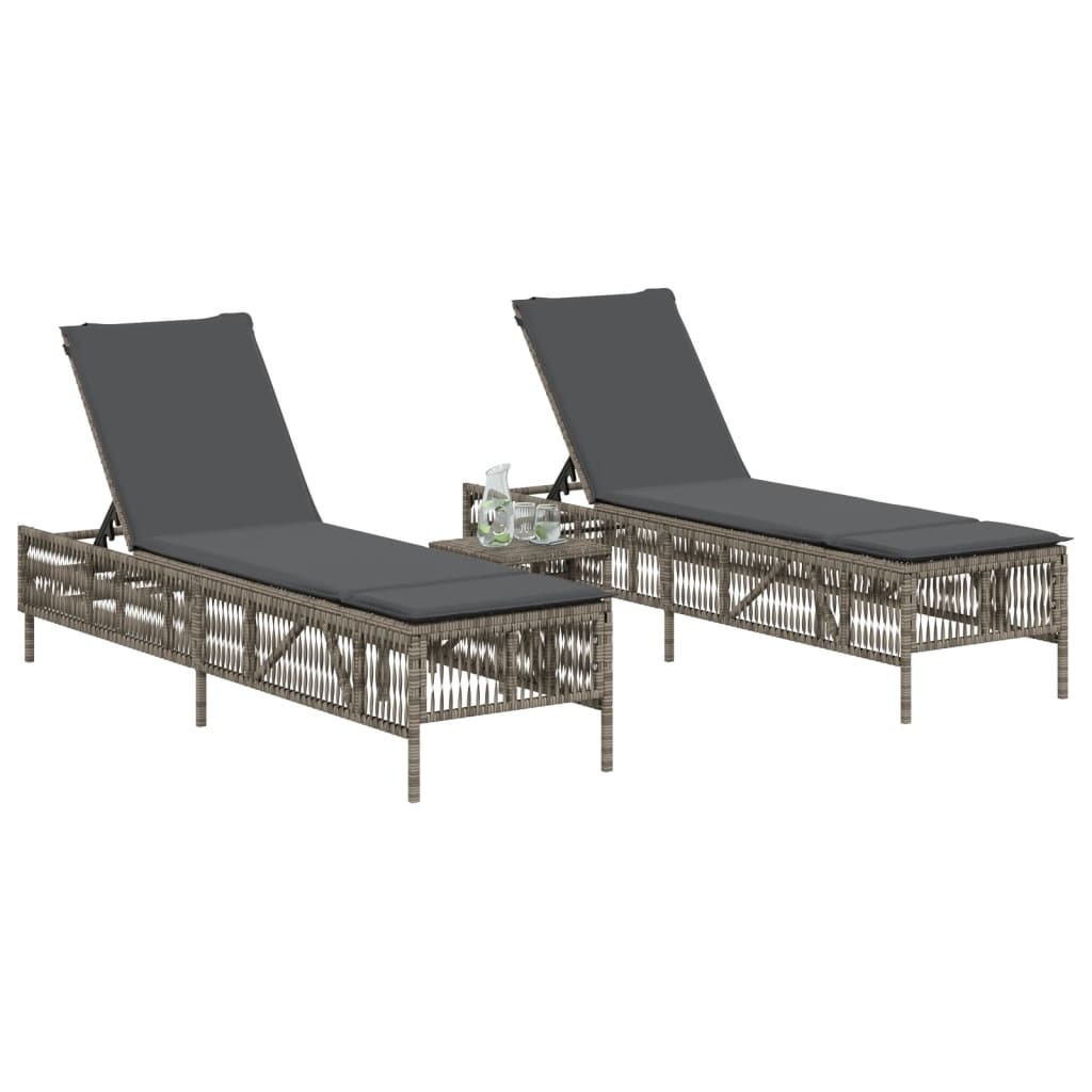 Chaises longues avec coussins, lot de 2, en résine tressée grise