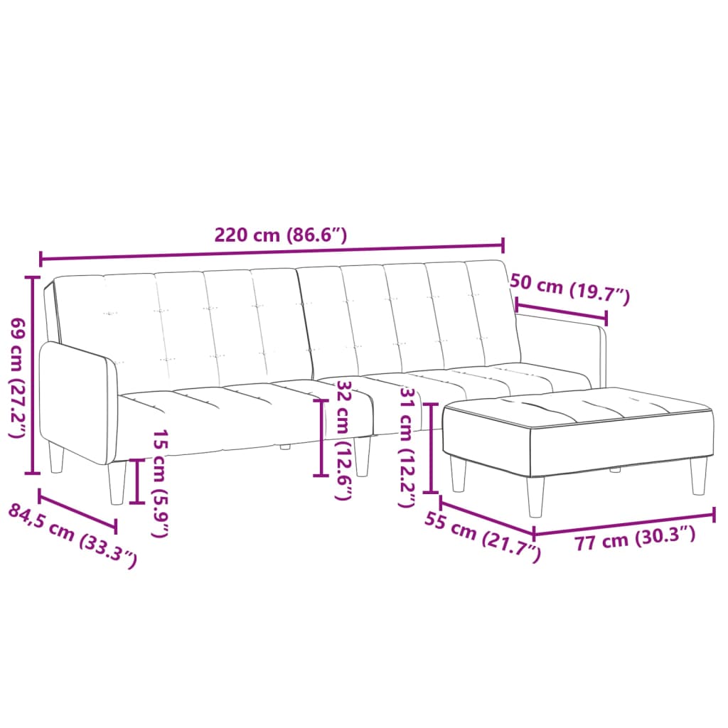 Canapé-lit 2 places avec repose-pieds en tissu gris foncé