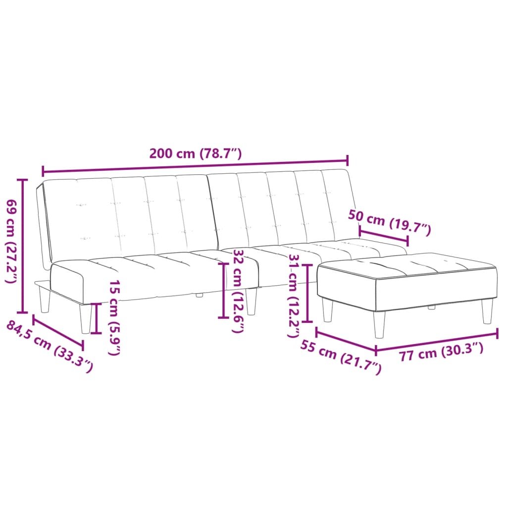 Schlafsofa 2-Sitzer mit Fußhocker Schwarz Samt