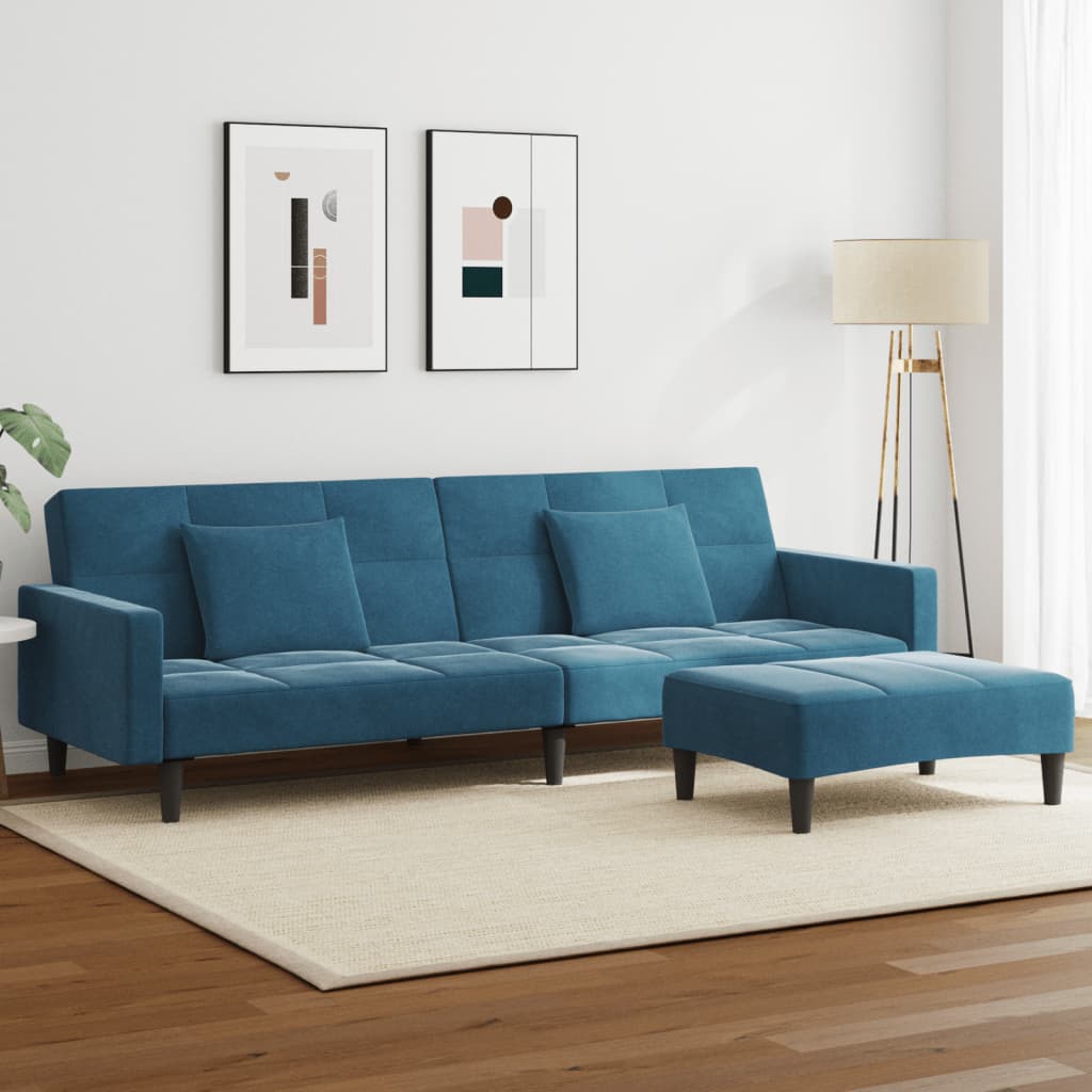 Schlafsofa 2-Sitzer mit Fußhocker Blau Samt