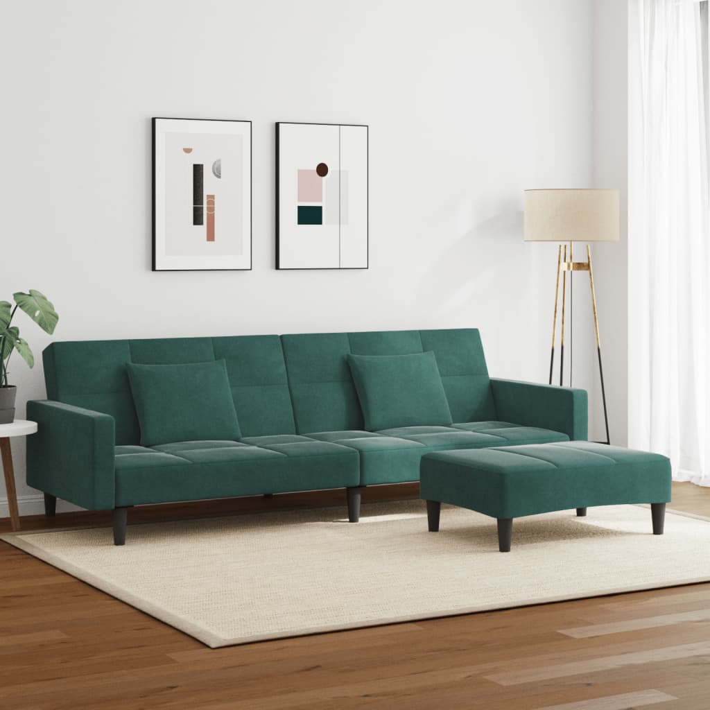 Schlafsofa 2-Sitzer mit Fußhocker Dunkelgrün Samt