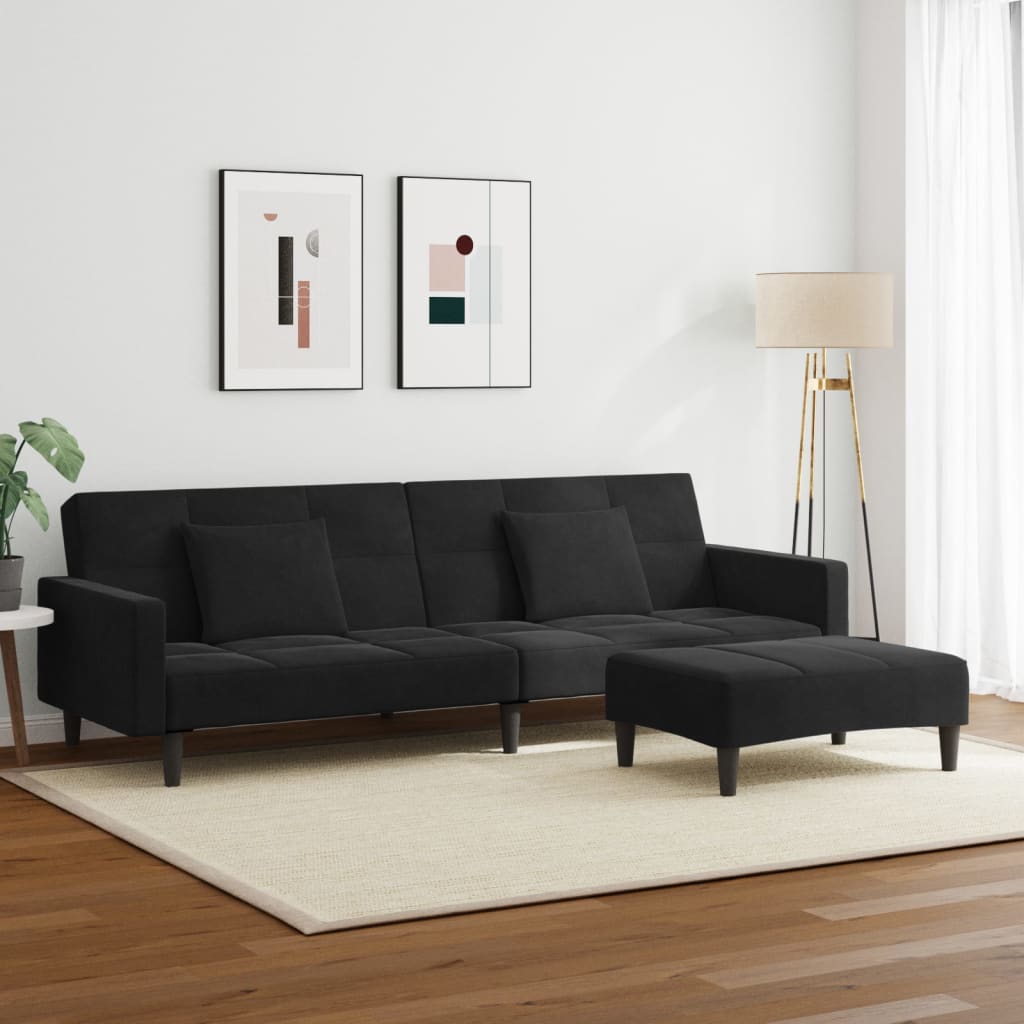Schlafsofa 2-Sitzer mit Fußhocker Schwarz Samt