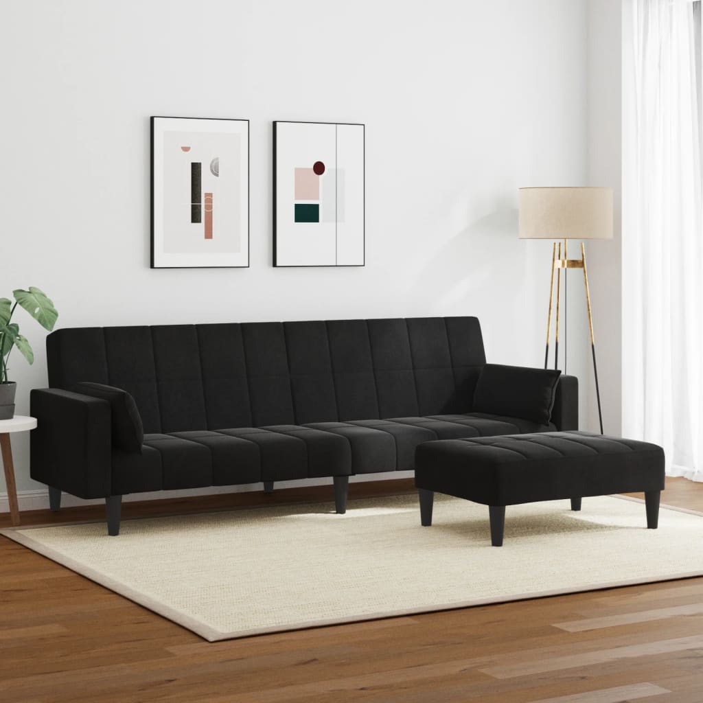 Schlafsofa 2-Sitzer mit Fußhocker Schwarz Samt
