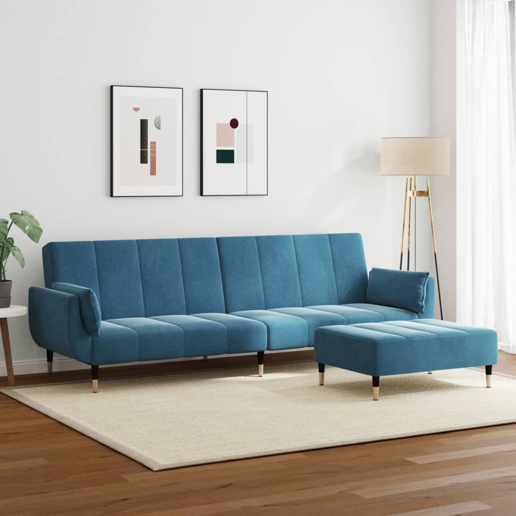 Schlafsofa 2-Sitzer mit Fußhocker Blau Samt
