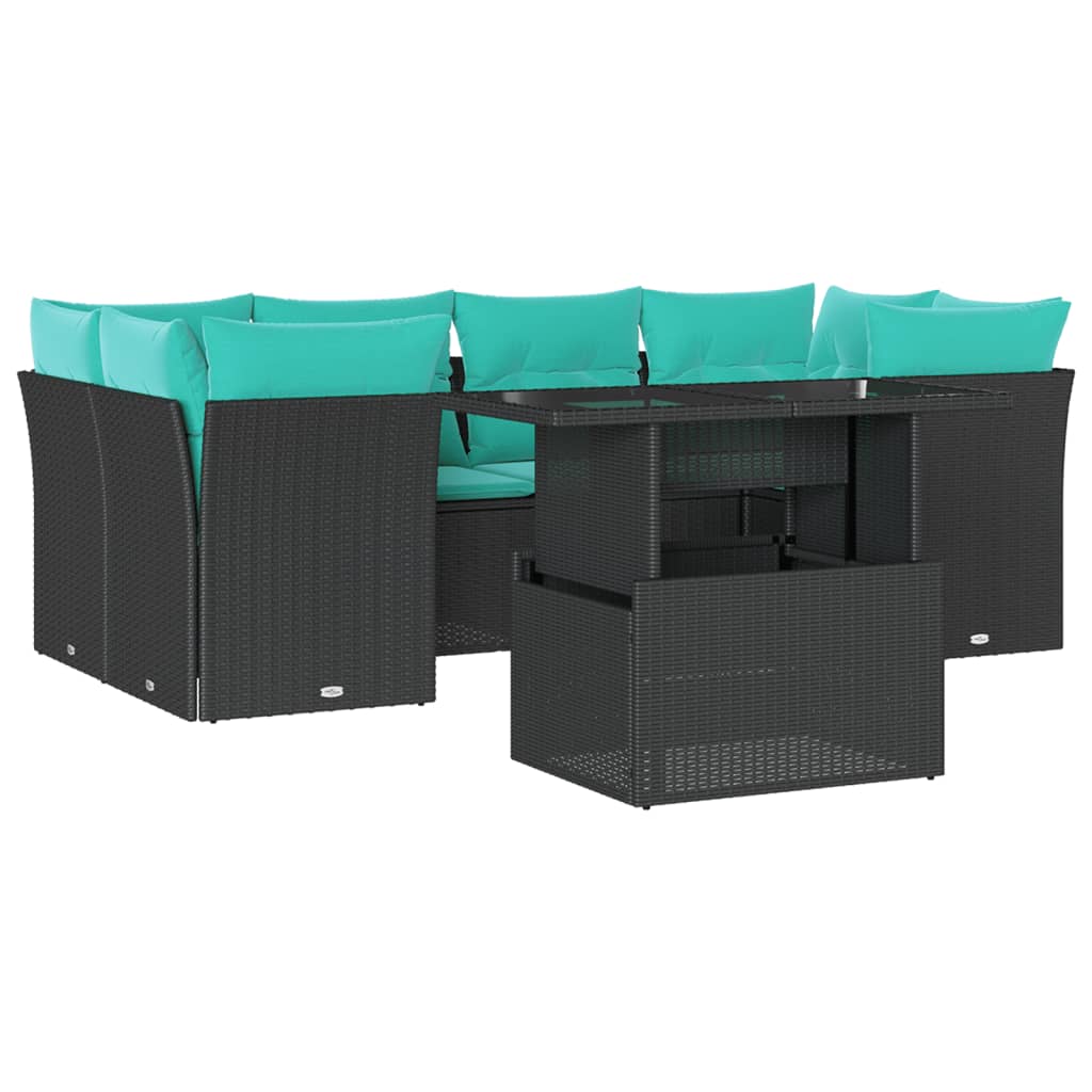 7-teiliges Gartensofa-Set mit Kissen, schwarzes Polyrattan