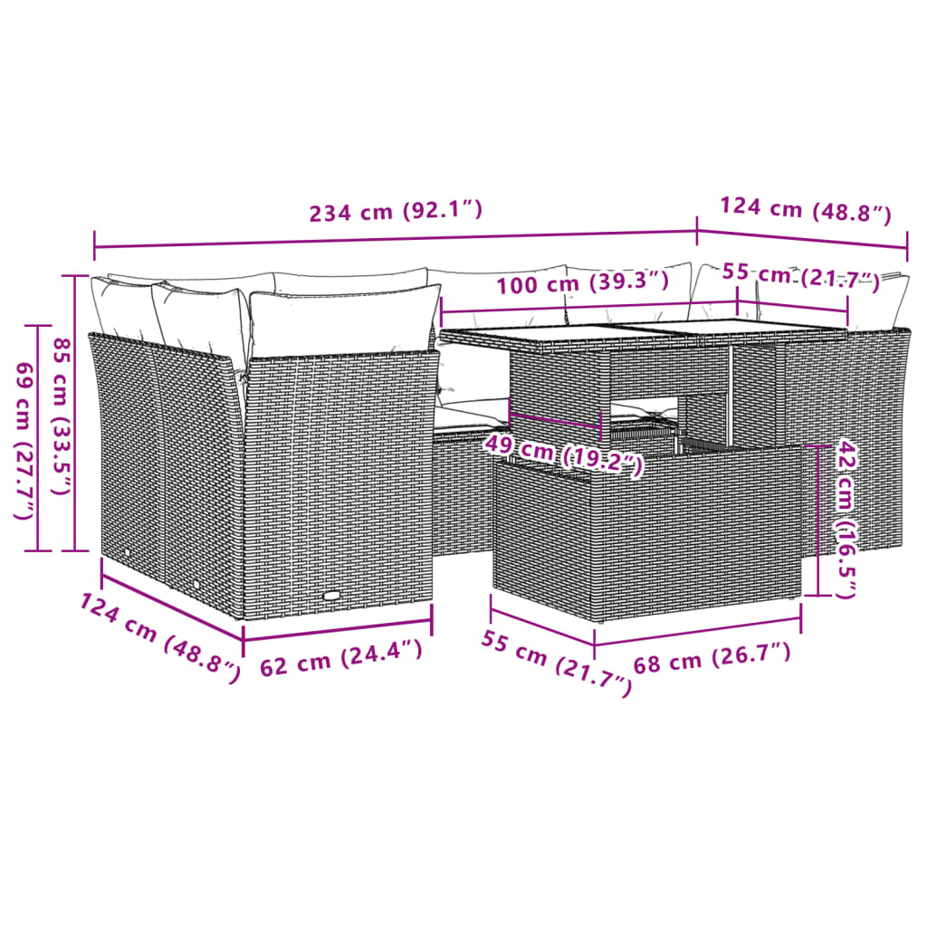 7-teiliges Gartensofa-Set mit Kissen, schwarzes Polyrattan