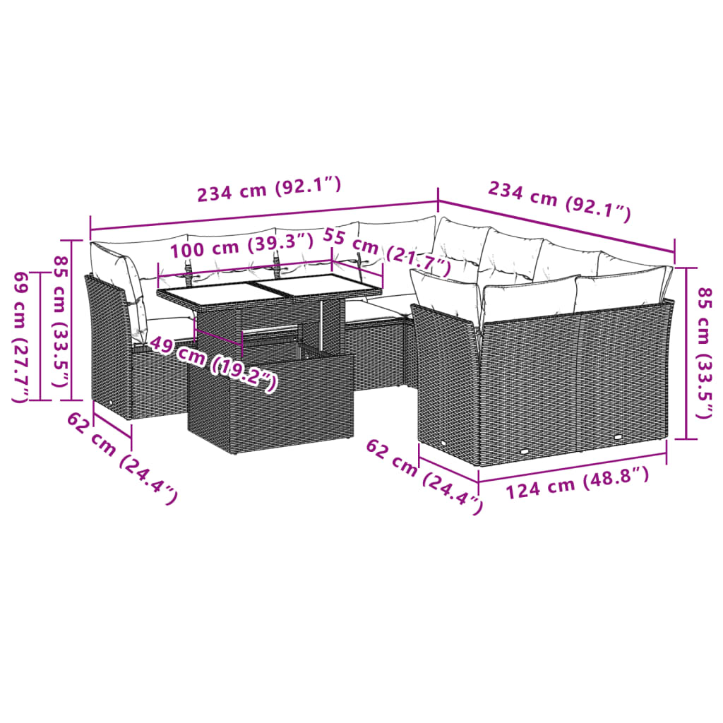 9-teiliges Gartensofa-Set mit Kissen, schwarzes Polyrattan
