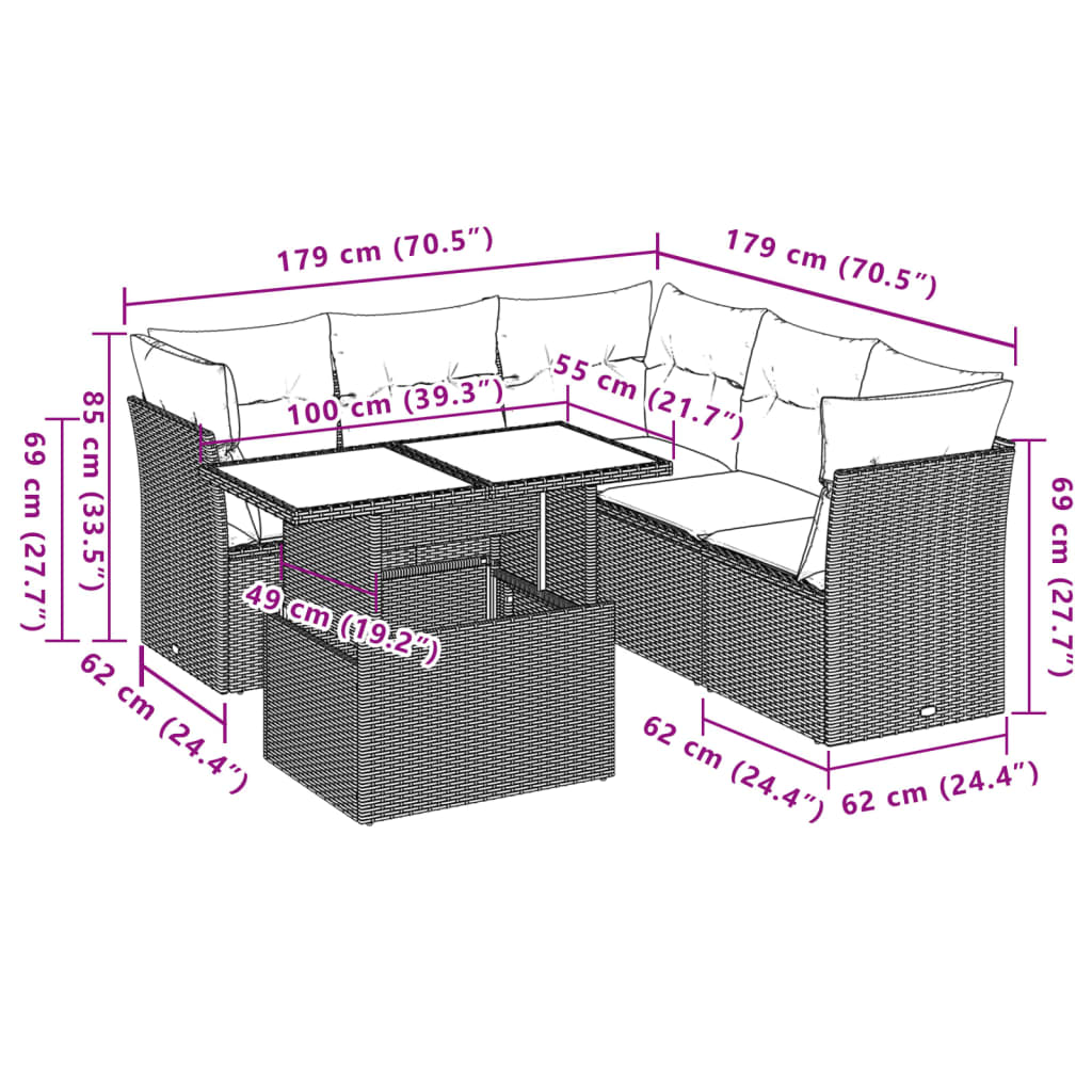 6-teiliges Gartensofa-Set mit Kissen, braun, Polyrattan