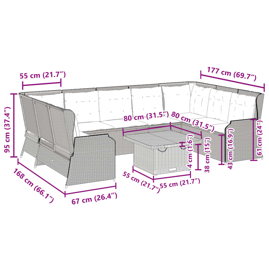 7-tlg. Garten-Lounge-Set mit Kissen Grau Poly Rattan