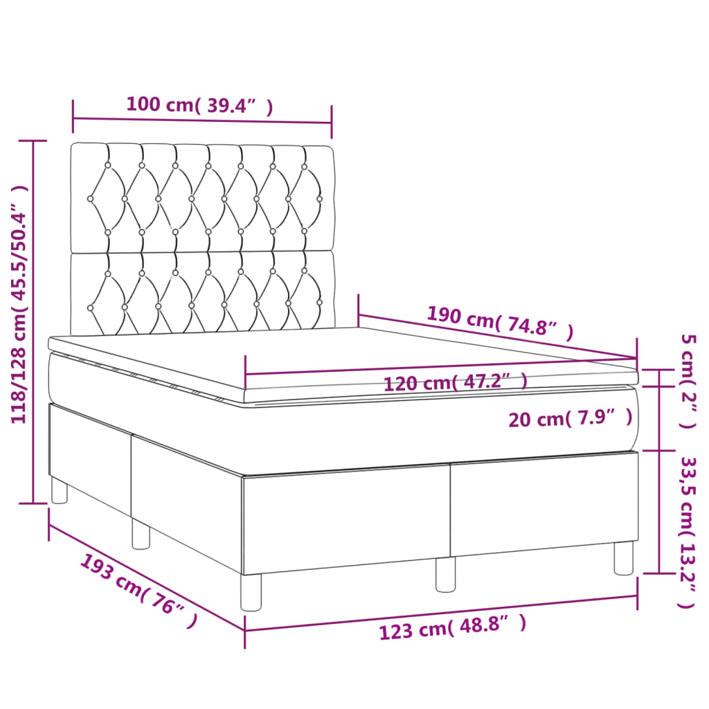Lit à sommier tapissier avec matelas gris foncé 120x190 cm velours