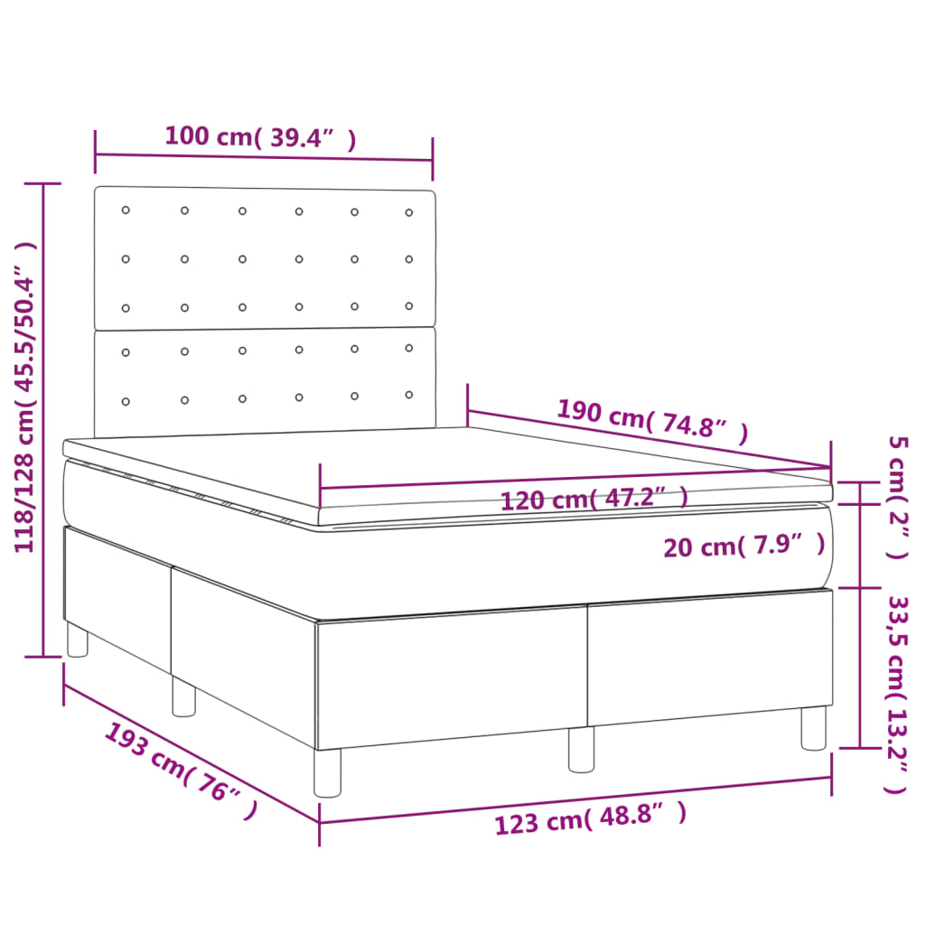 Lit à sommier tapissier avec matelas gris foncé 120x190 cm velours
