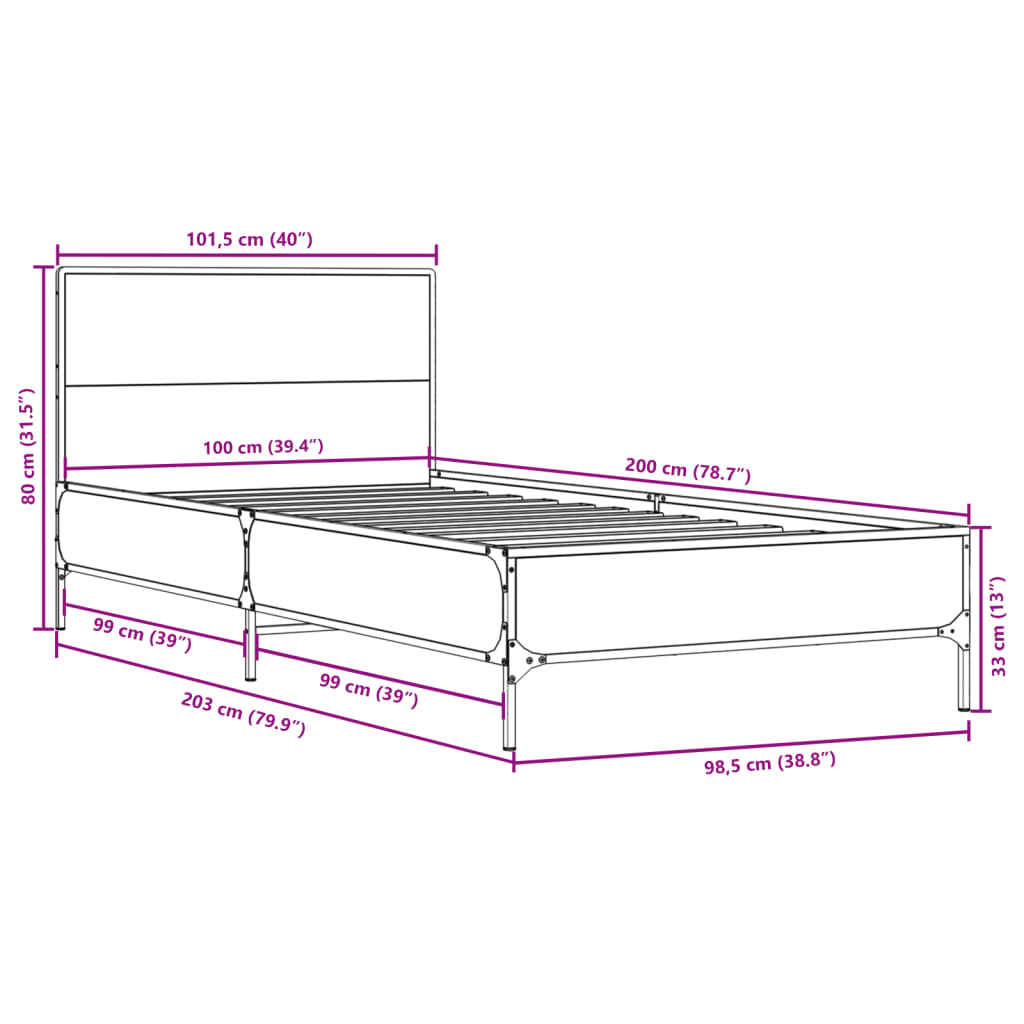 Bed frame Grey Sonoma 100x200 cm wood material and metal