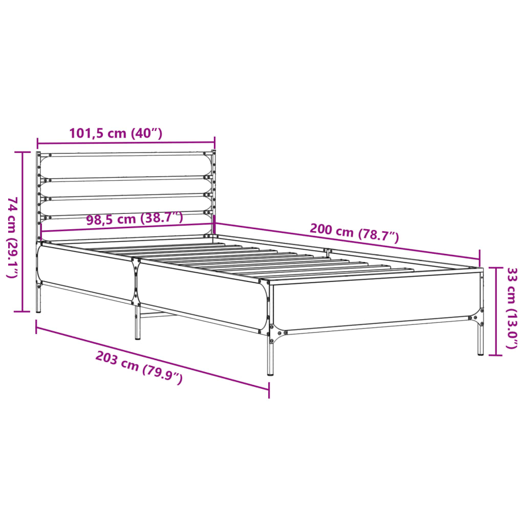 Bed frame Grey Sonoma 100x200 cm wood material and metal