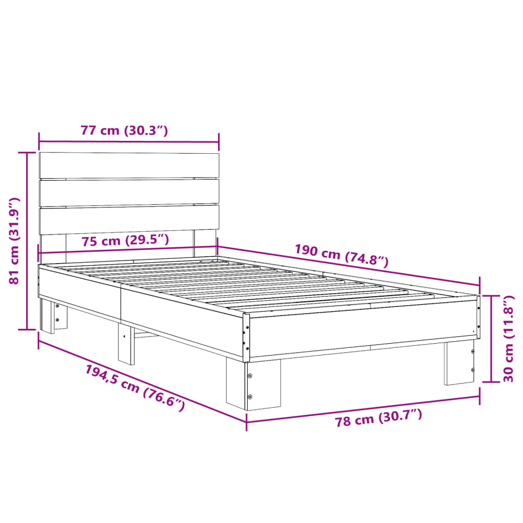 Bed frame Grey Sonoma 75x190 cm wood material and metal