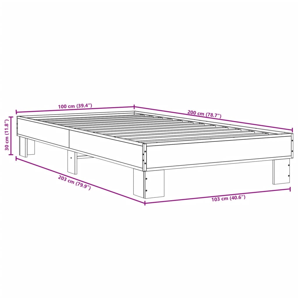 Bed frame Grey Sonoma 100x200 cm wood material and metal
