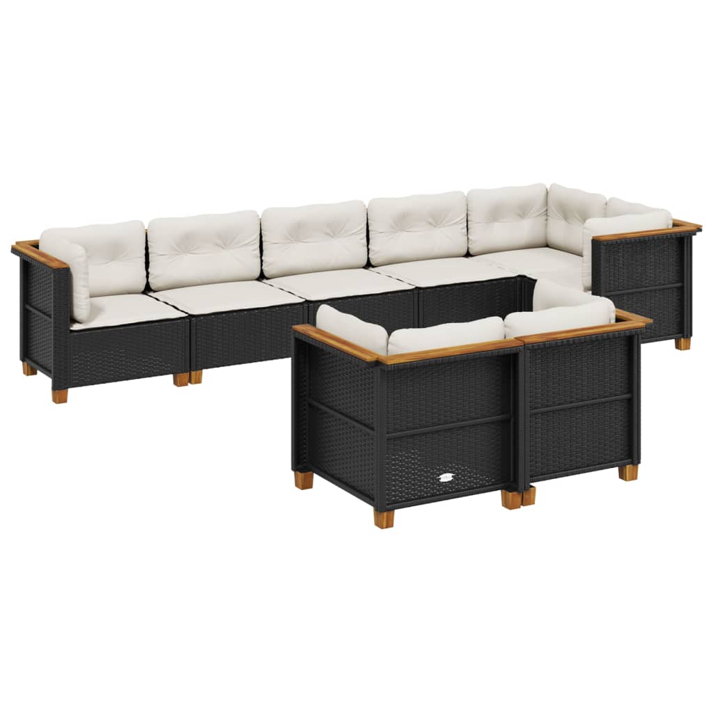 8-piece garden sofa set with cushions, black poly rattan