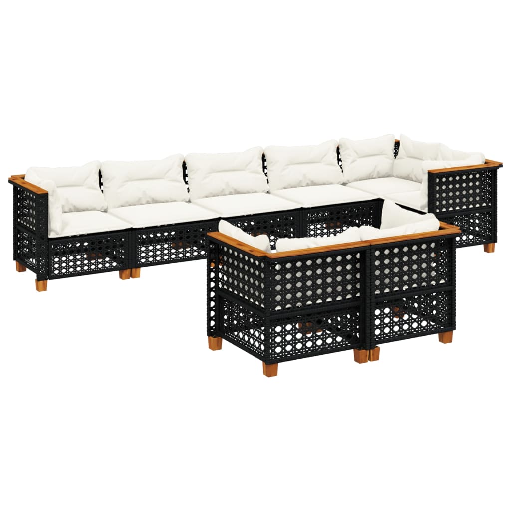 8-piece garden sofa set with cushions, black poly rattan