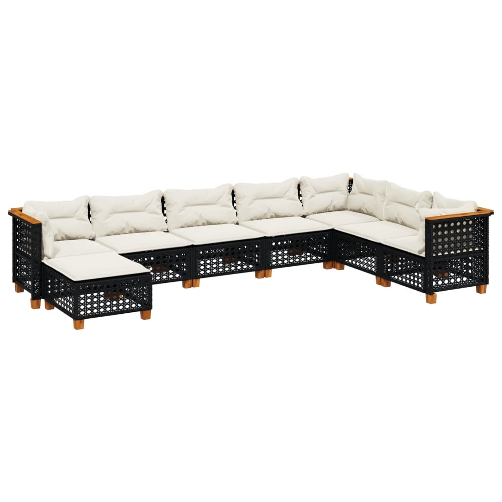 8-piece garden sofa set with cushions, black poly rattan