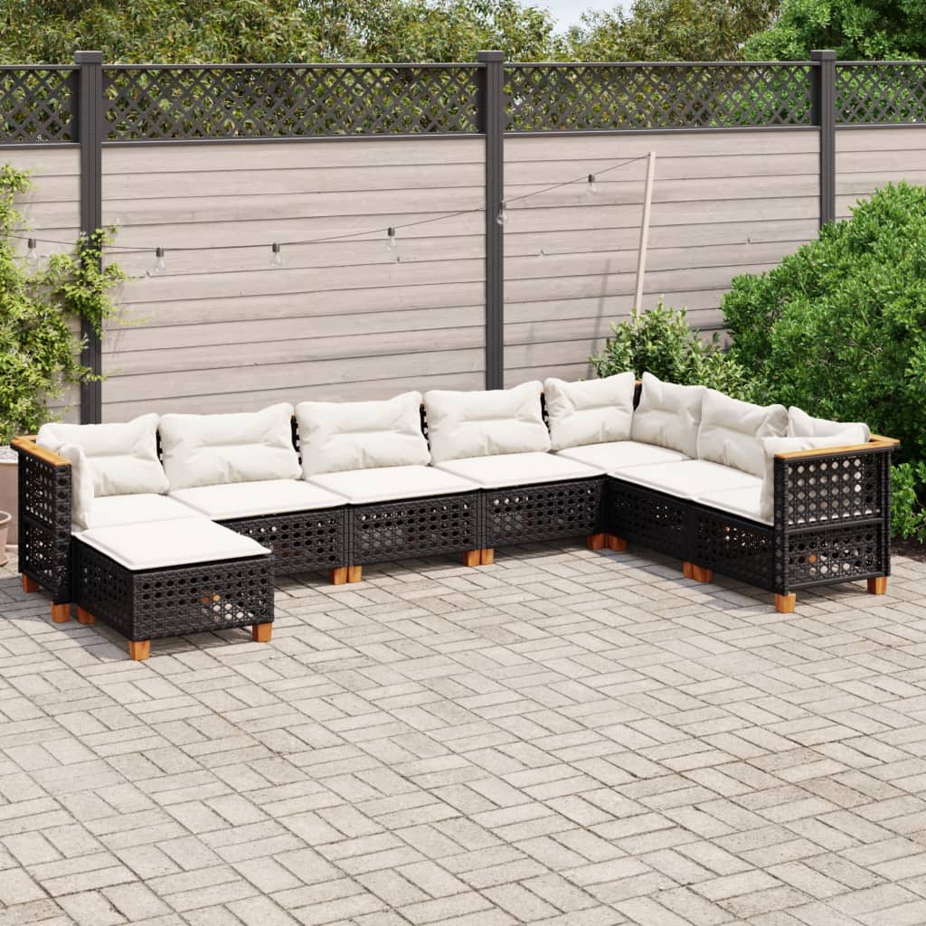 8-piece garden sofa set with cushions, black poly rattan