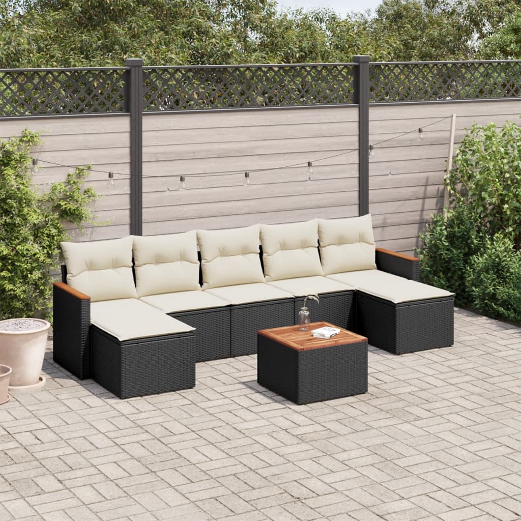 8-piece garden sofa set with cushions, black poly rattan