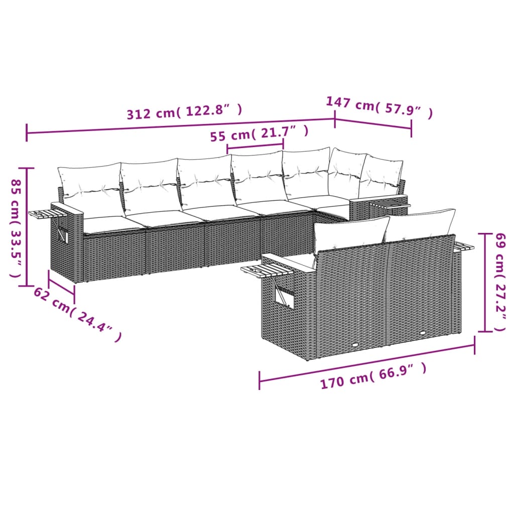 Ensemble de canapés de jardin 8 pièces avec coussins, en polyrotin noir
