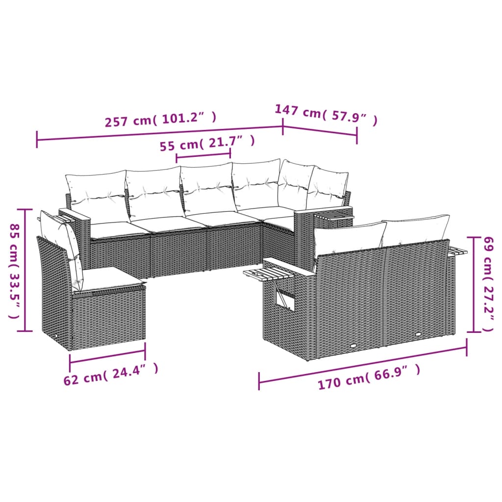 Ensemble de canapés de jardin 8 pièces avec coussins, en polyrotin noir