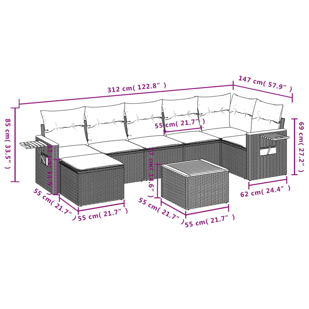 8-piece garden sofa set with cushions, black poly rattan