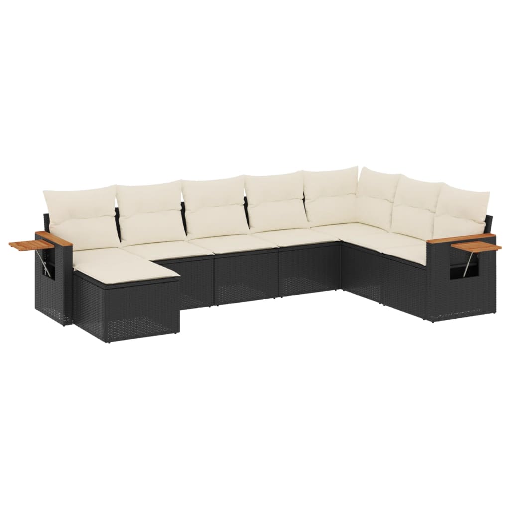 8-piece garden sofa set with cushions, black poly rattan