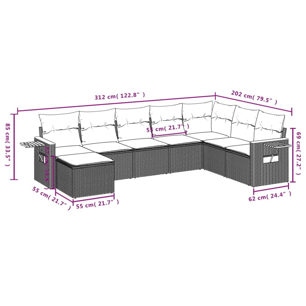 8-piece garden sofa set with cushions, black poly rattan