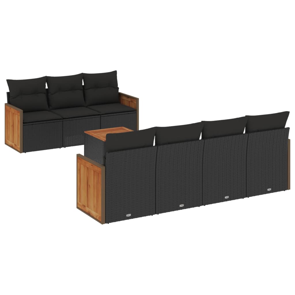 8-piece garden sofa set with cushions, black poly rattan