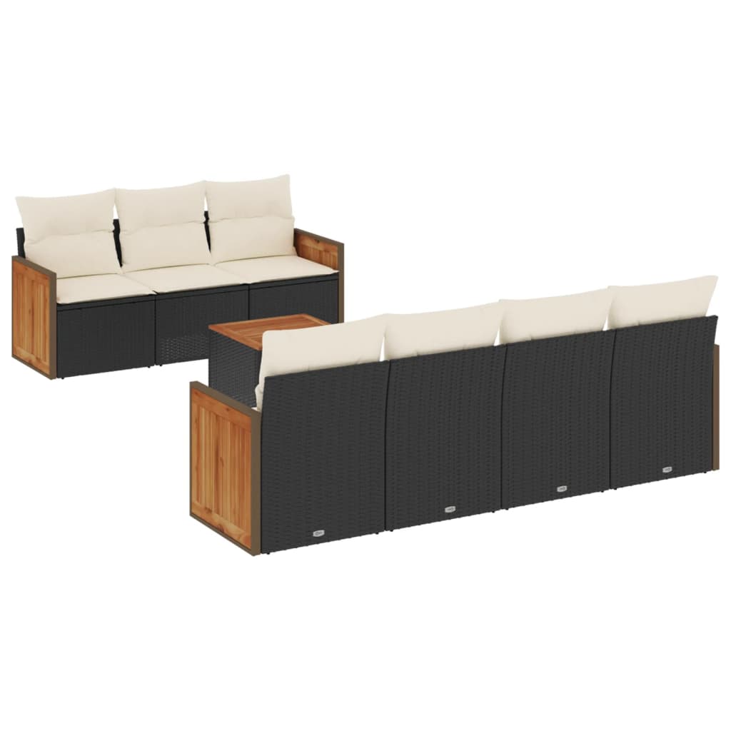 8-piece garden sofa set with cushions, black poly rattan