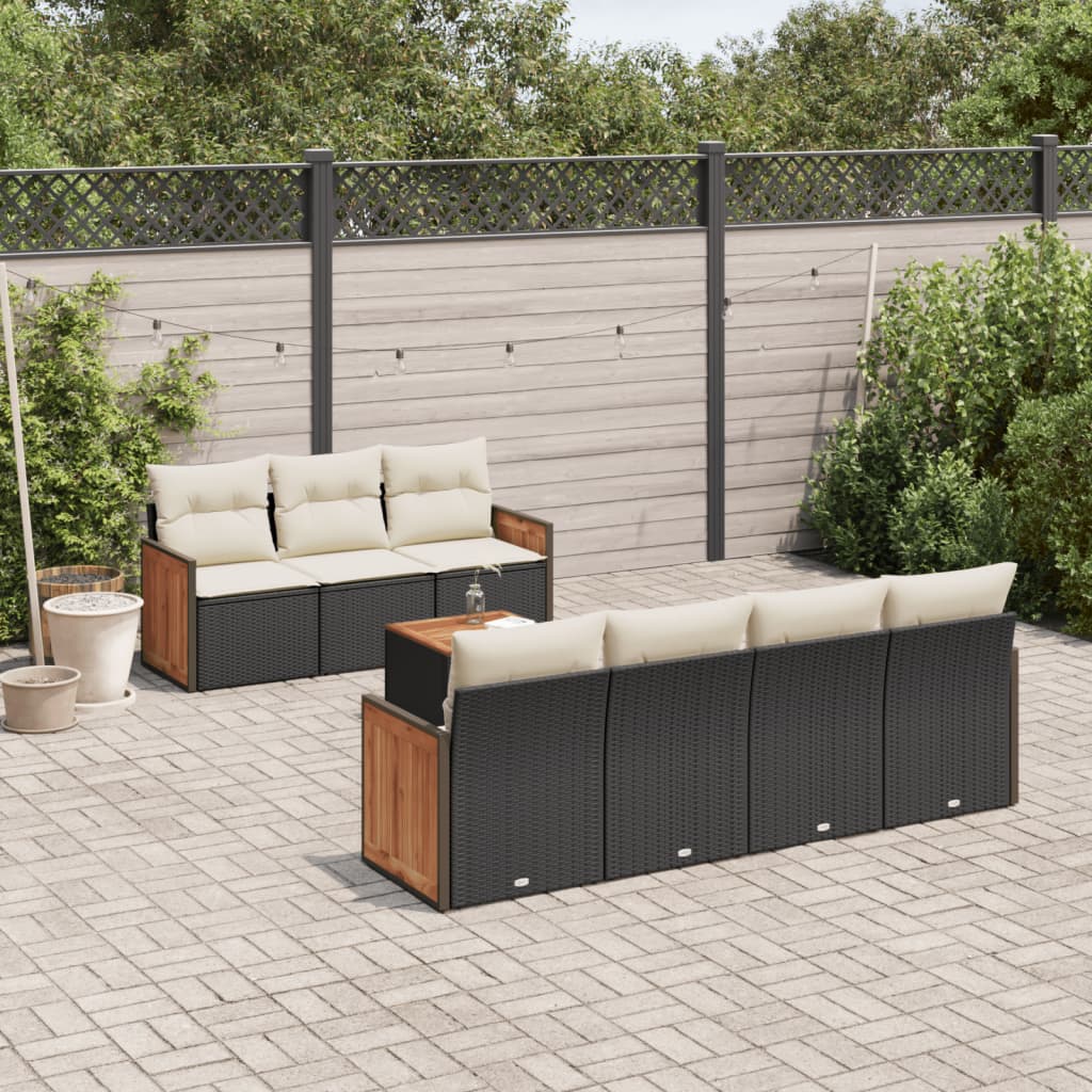 8-piece garden sofa set with cushions, black poly rattan