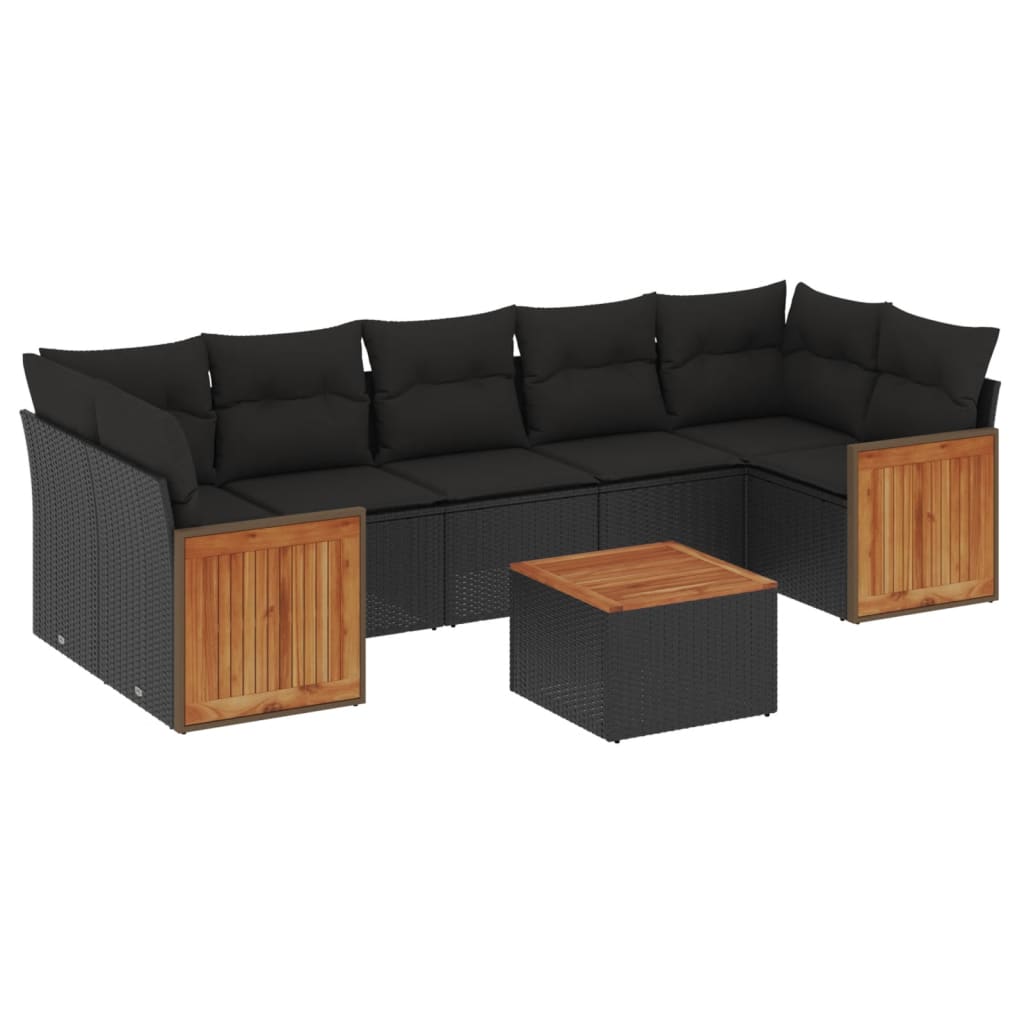 8-piece garden sofa set with cushions, black poly rattan