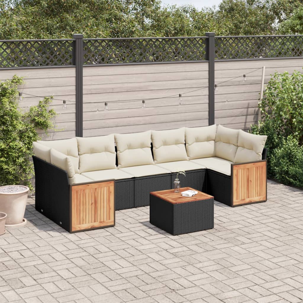 8-piece garden sofa set with cushions, black poly rattan