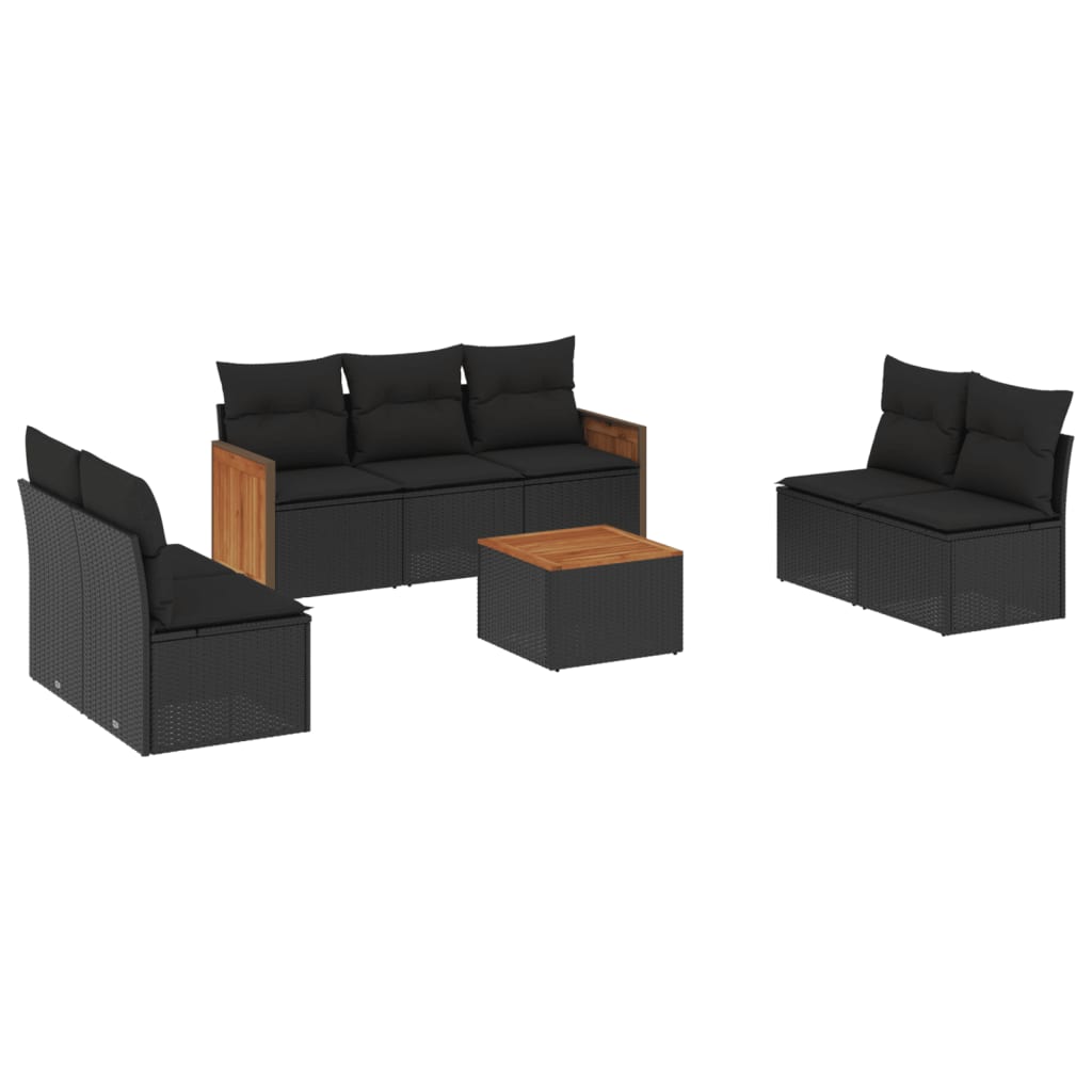 8-piece garden sofa set with cushions, black poly rattan