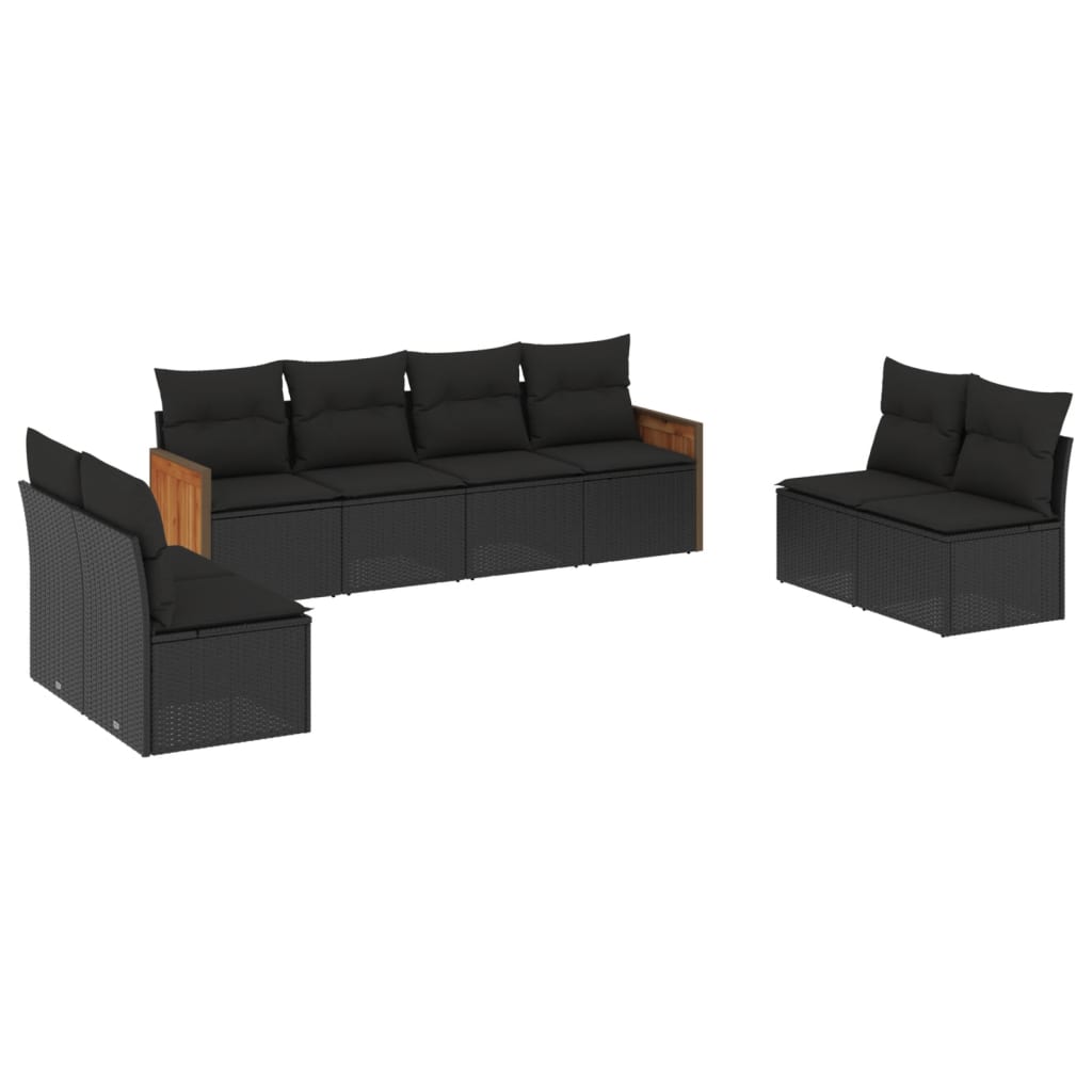 8-piece garden sofa set with cushions, black poly rattan