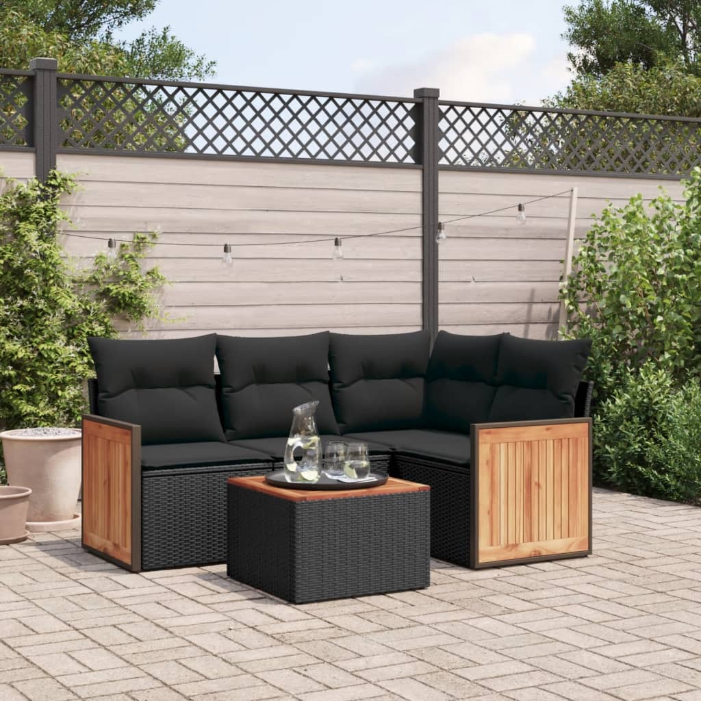 5-tlg. Garten-Sofagarnitur mit Kissen Schwarz Poly Rattan