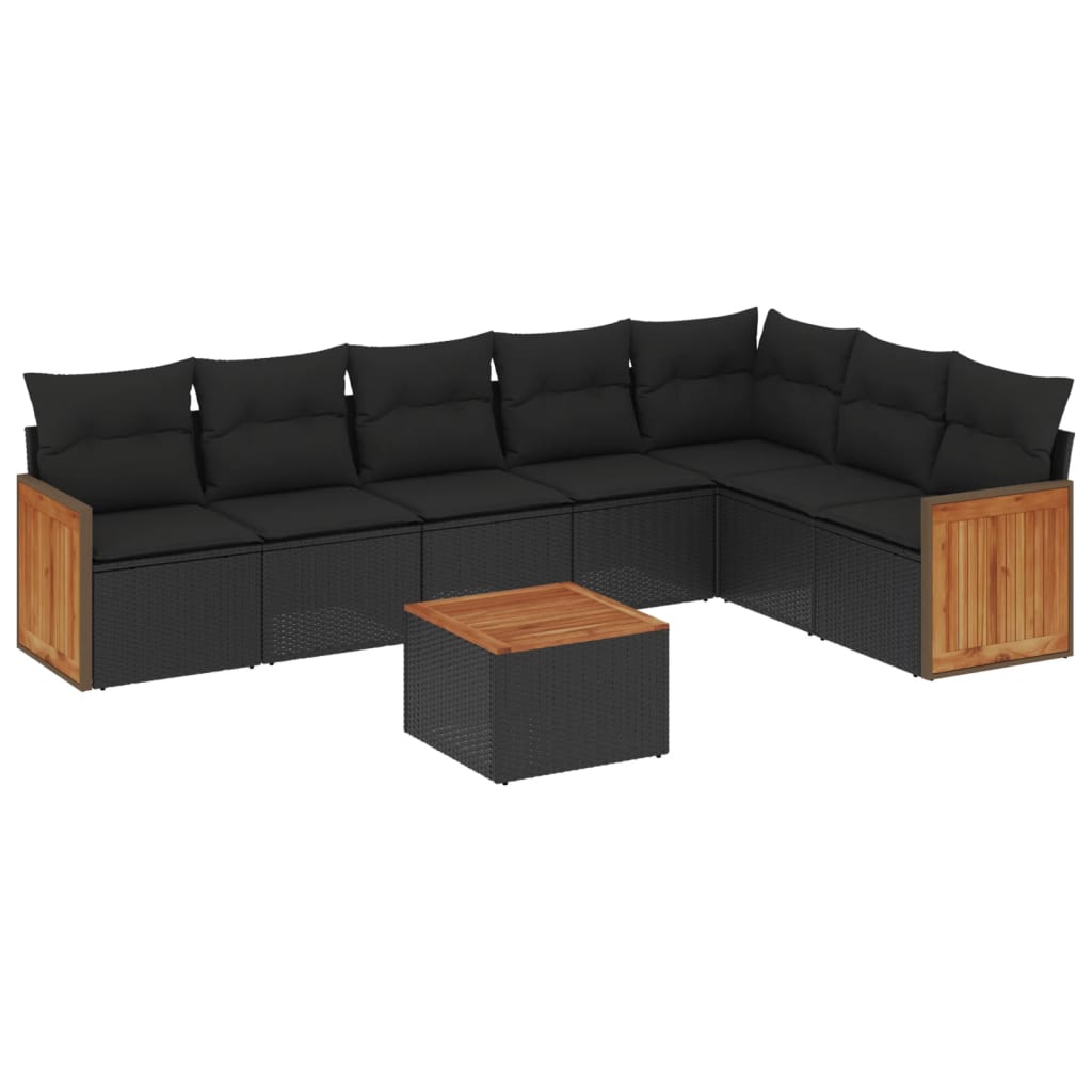 8-piece garden sofa set with cushions, black poly rattan