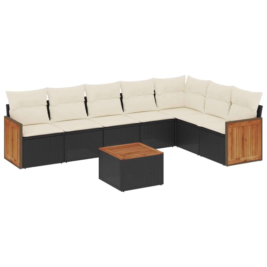8-piece garden sofa set with cushions, black poly rattan
