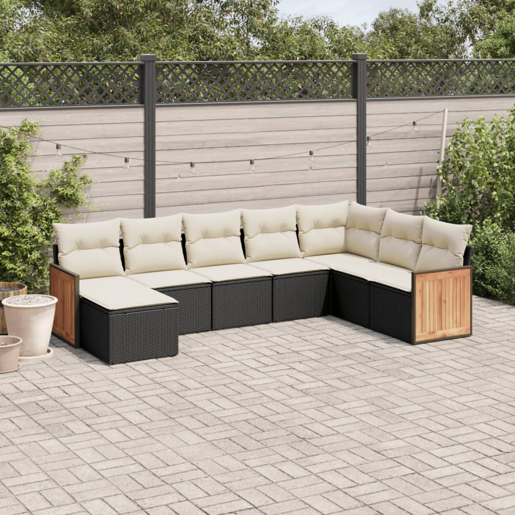 8-piece garden sofa set with cushions, black poly rattan