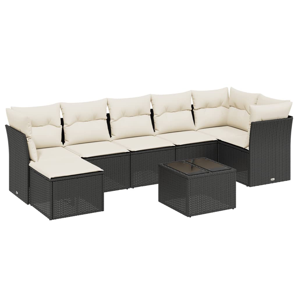 8-piece garden sofa set with cushions, black poly rattan