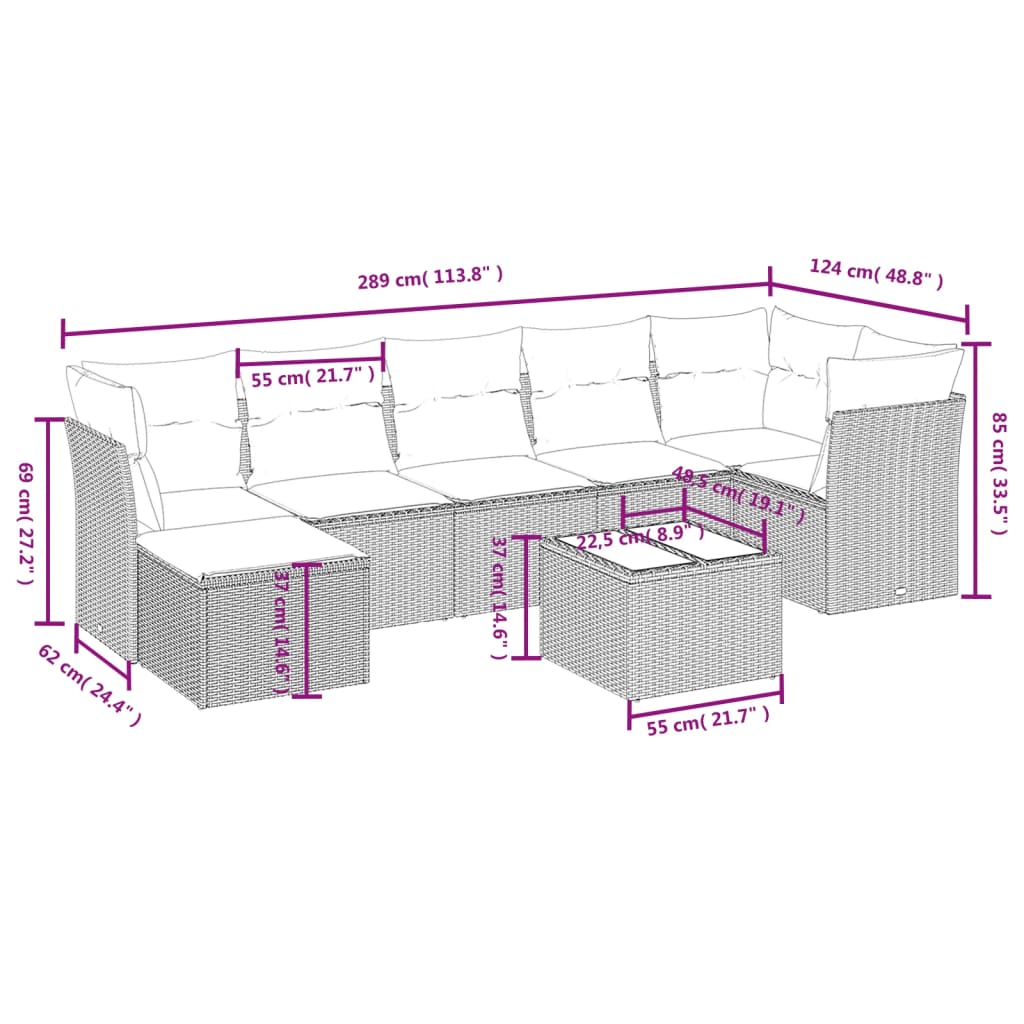8-piece garden sofa set with cushions, black poly rattan