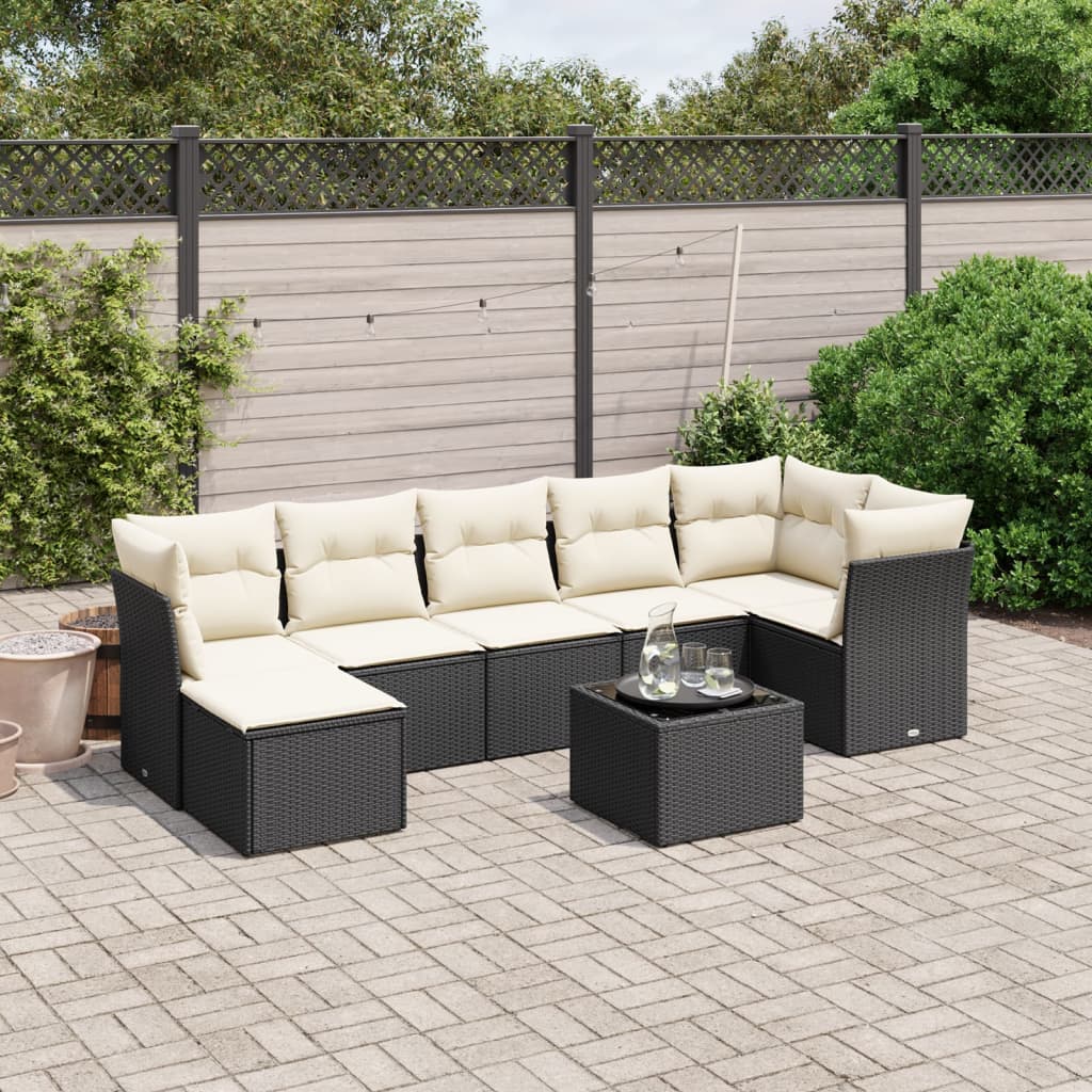 8-piece garden sofa set with cushions, black poly rattan