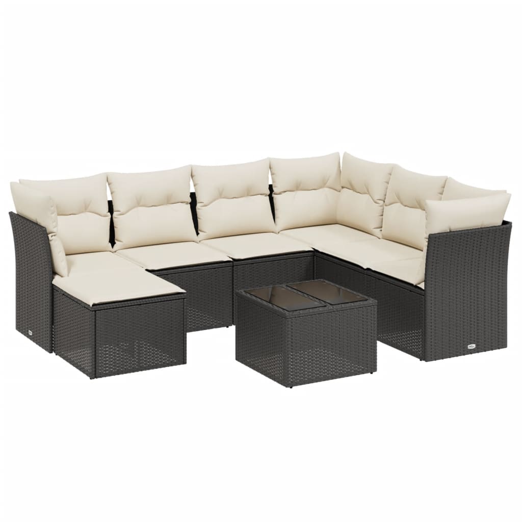 8-piece garden sofa set with cushions, black poly rattan