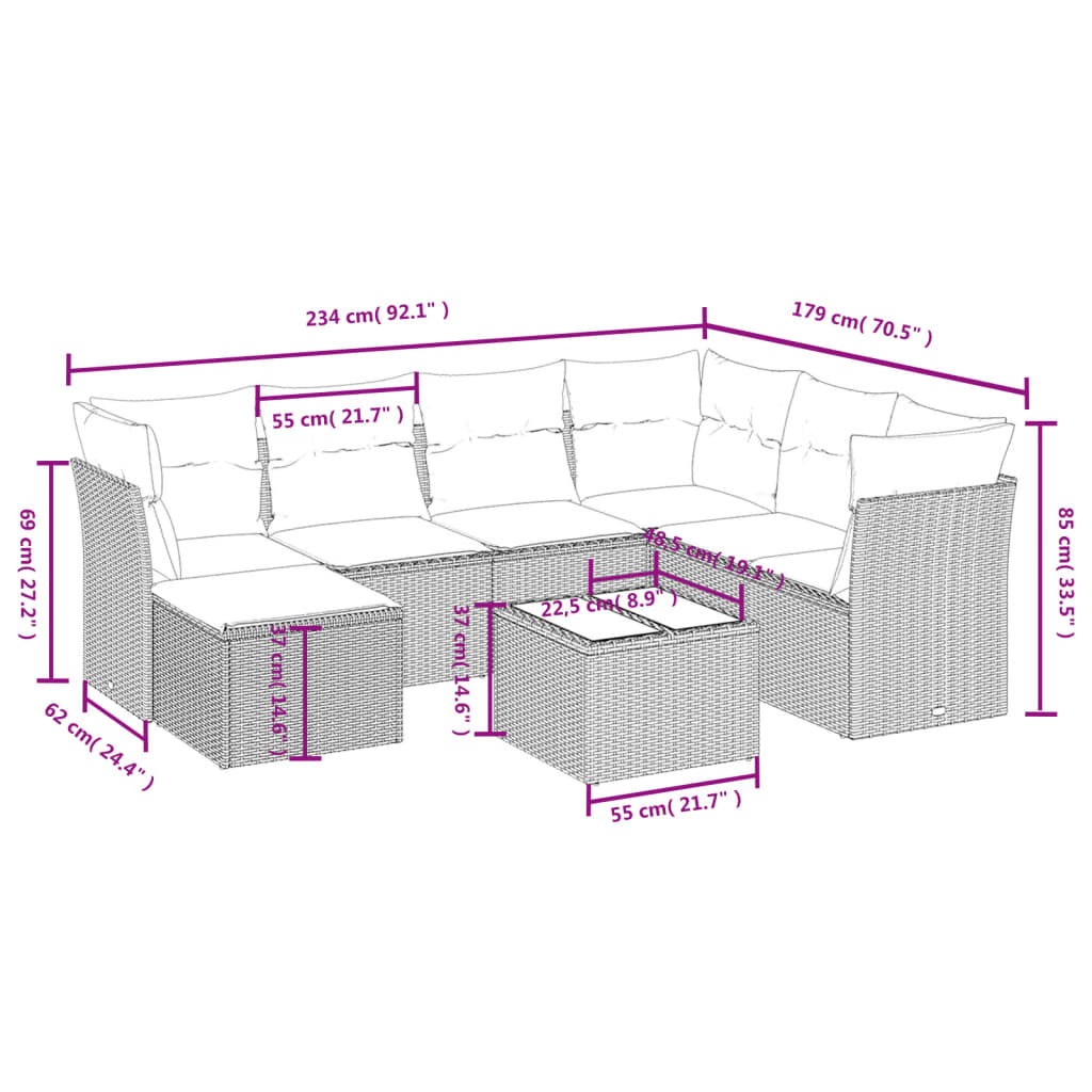 8-piece garden sofa set with cushions, black poly rattan